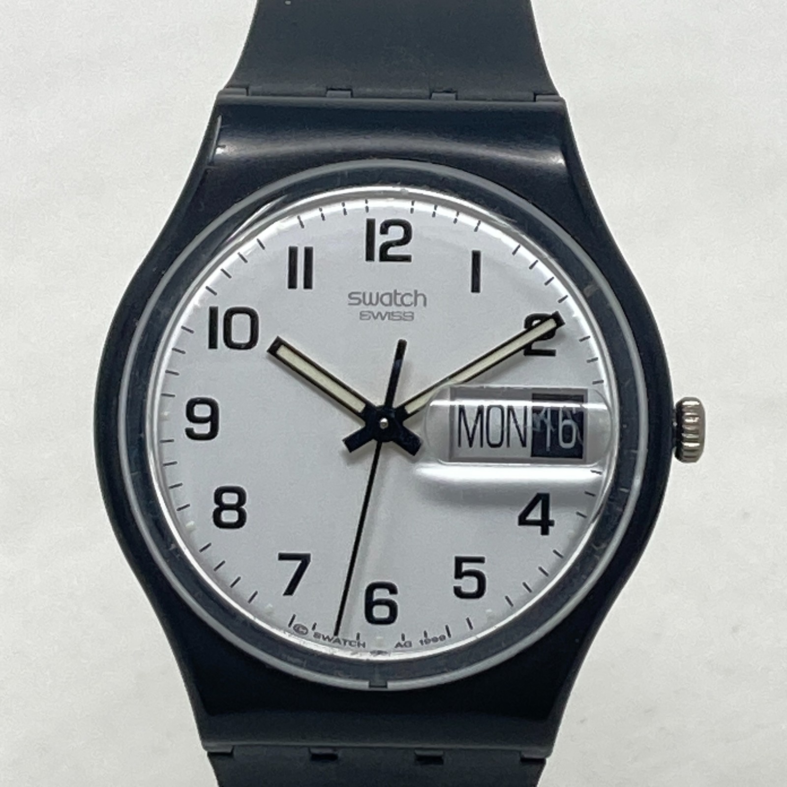 Swatch Once Again Watch Men Day Date 34mm Black White Dial Swiss New Battery