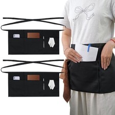 2-Pack Server Apron - Waist Half Aprons for Waitress with 3 Pockets, Black Short