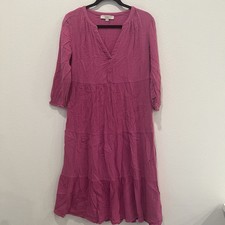 Loft Women’s Fuchsia Tiered Midi Dress 3/4 Sleeves Cotton Cottagecore Sz Small