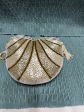 Purse Vintage Gold and Ivory Beaded Evening Bag Satin Lining Zipper Corded Strap