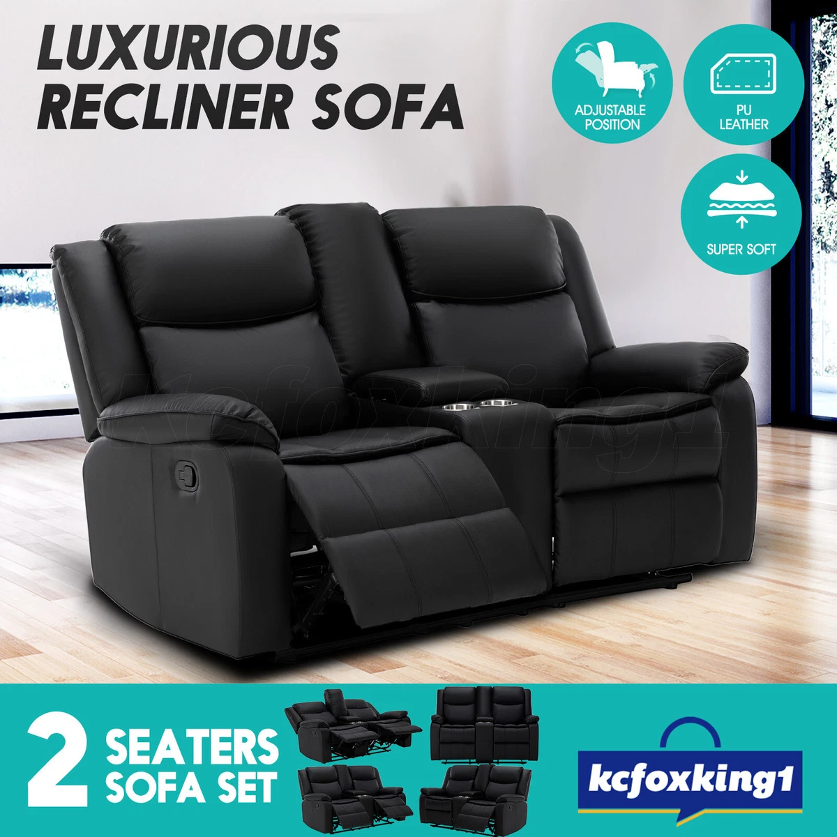 Luxury 2 Seater Recliner Chair Leather Lounge Sofa Armchair w Cup