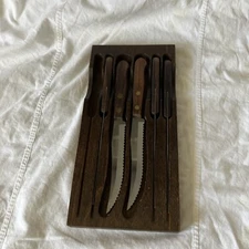 Robinson Knife Co 5pc STEAK KNIVES Set Serrated Blade Stainless USA Wood Handle