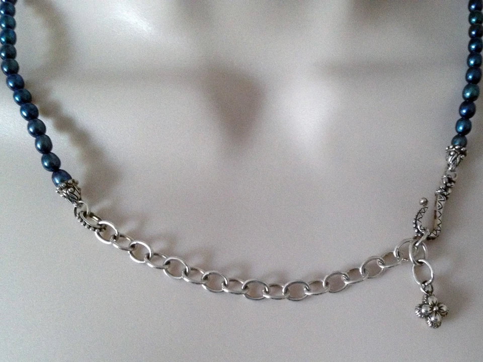 🦋 Barbara Bixby 蓝珍珠项链纯银链雕刻珠 — 第 3/4 张图片