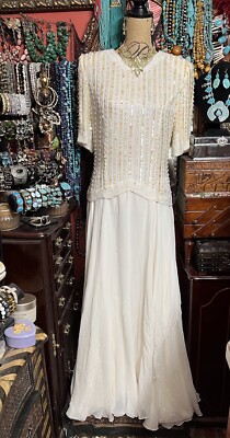JOVANI New York 100% Silk Ivory Sequins Beaded Formal Dress Size M