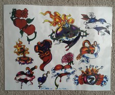 Tattoo Studio Shop Flash Single Rose, Hearts, Cross, Sword, Joker, 11"X17" Print
