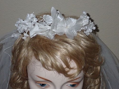 VTG White Lace Southern Belle Wedding Dress 15 Tier Train Floral Crown Veil XS - Picture 12 of 12
