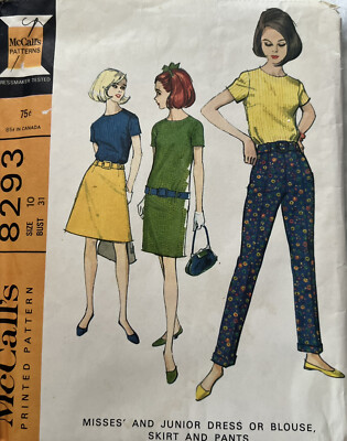 McCalls 8293 Sewing Pattern Misses Junior Dress Blouse Skirt Pants Size 10 VTG