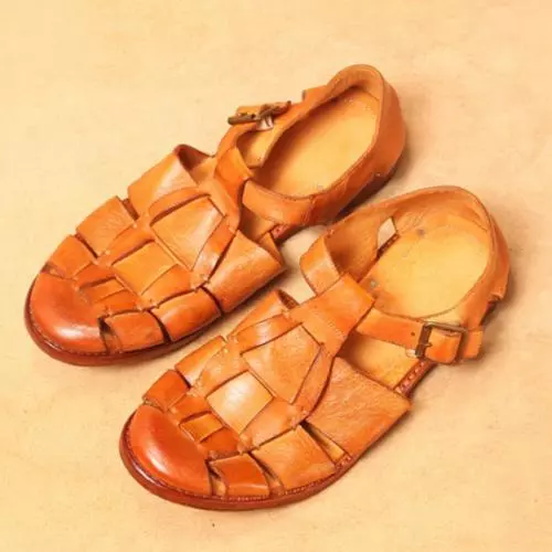 Men's Real Leather Casual Roma Sandals Buckle Sandals Vintage Hollow Out Weave- - Picture 1 of 8