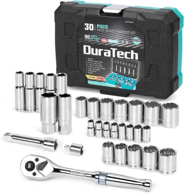 Juego De Llaves De Vaso DURATECH 30 Piezas - 3/8 Y 1/4, SAE Y Métrico, 90 Dientes, Liberación Rápida