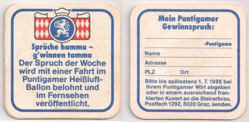 Puntigamer - alter Bierdeckel "Sprüche hamma - g'winnen tamma" aus 1986 - Bild 1 von 1