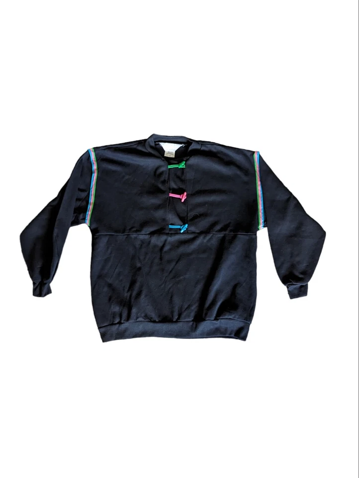 Винтажная черная толстовка 80-х с неоновыми полосками и застежкой на пуговицах Blair размер XL - Изображение 4 из 4