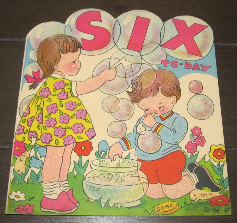 Vintage Unused MIA Six Today Birthday Card Jane & John Blowing Bubbles England