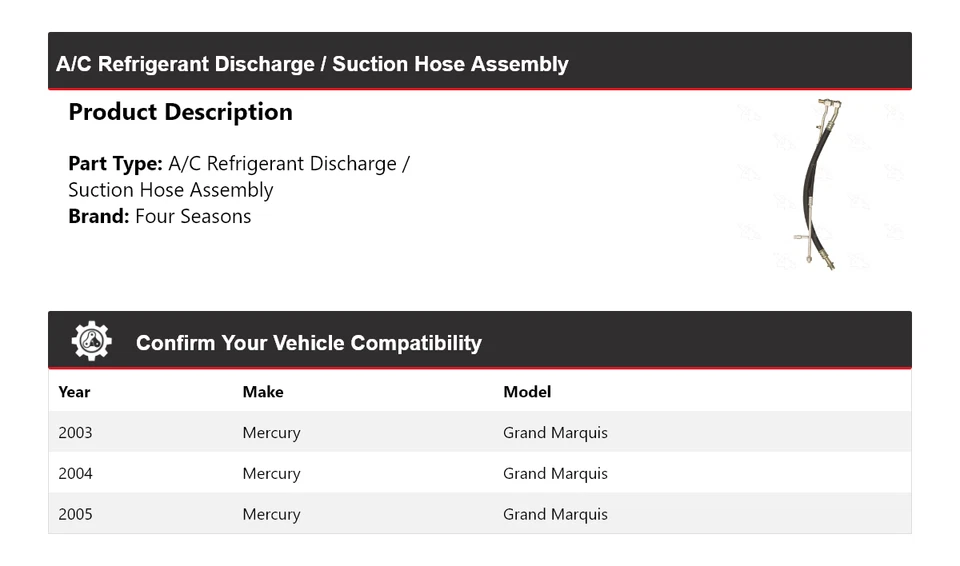 Conjunto de manguera de línea de succión de descarga Mercury Grand Marquis 2003-05 4 Seaso Foto 2 de 4