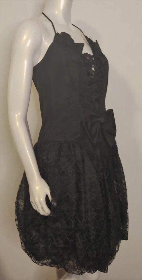 Vestido de Noche Vintage Saks Negro Encaje 11 12 Burbuja Dobladillo Lazo Encaje Borde Halter Stra Foto 3 de 4
