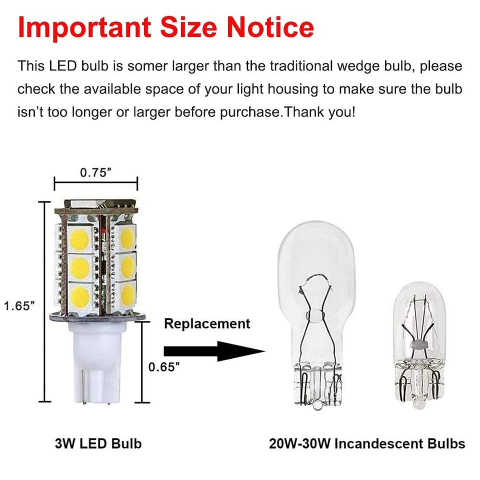T5 T10 Wedge Base LED Light Bulbs High Brightness 12VAC/DC 3W Cool White Colo... - Image 4 of 4