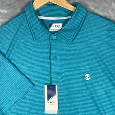 IZOD Golf Mens Polo Shirt Large Teal Blue Striped Short Sleeve Performance NWT