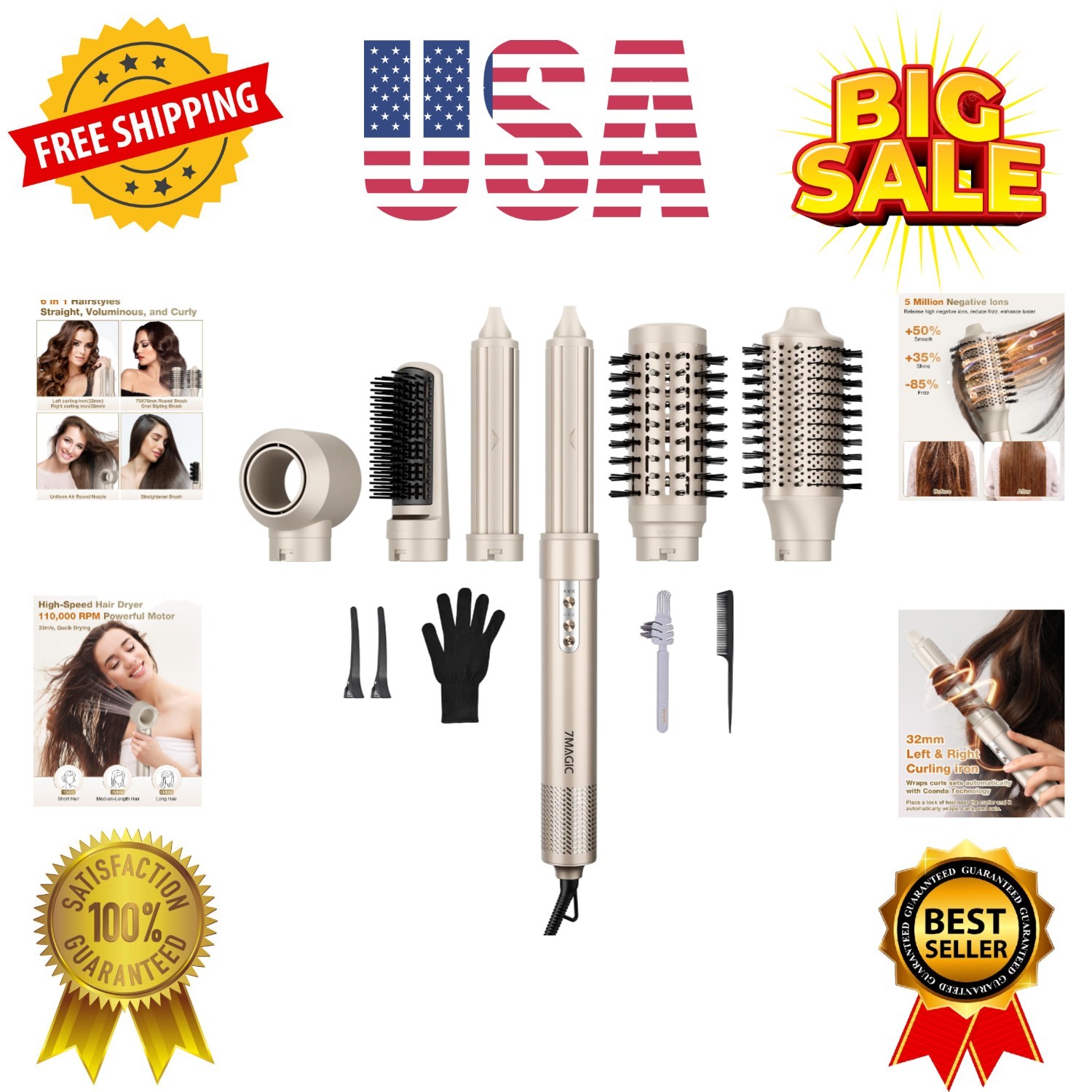 6 in 1 Multi Hair Styler Dryer Brush, 110,000 RPM High-Speed, Negative Ionic,...