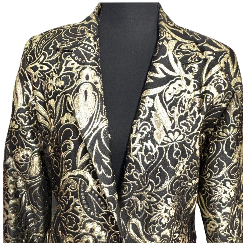 Lew Magram 系列 M 码黑色金色夹克掸子单扣长西装外套 — 第 2/4 张图片