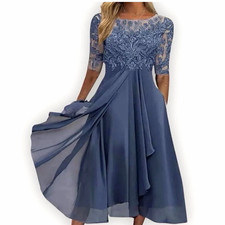 Women's Blue Lace Beaded Embroidered Sheer Scoop Neck 3/4 Sleeve Tea Length M
