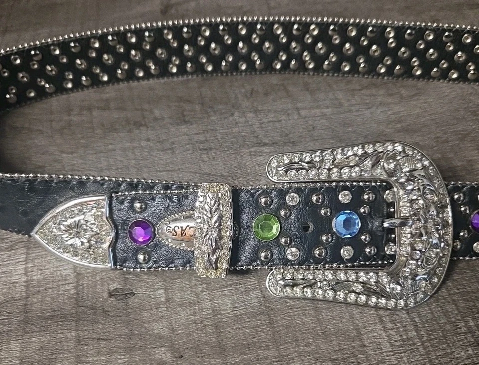 Cinturón Atlas Negro Avestruz Western Show Colorido Estrás Bling Grande 44" 1.5" Foto 2 de 4