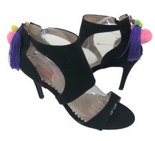 Betsey Johnson Ryan Heels NWOB Black Suede Pom Pom Stilettos Shoes Size 8.5