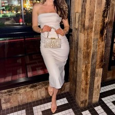 Nookie Leona sold out strapless midi dress in white ivory leather like fabric S