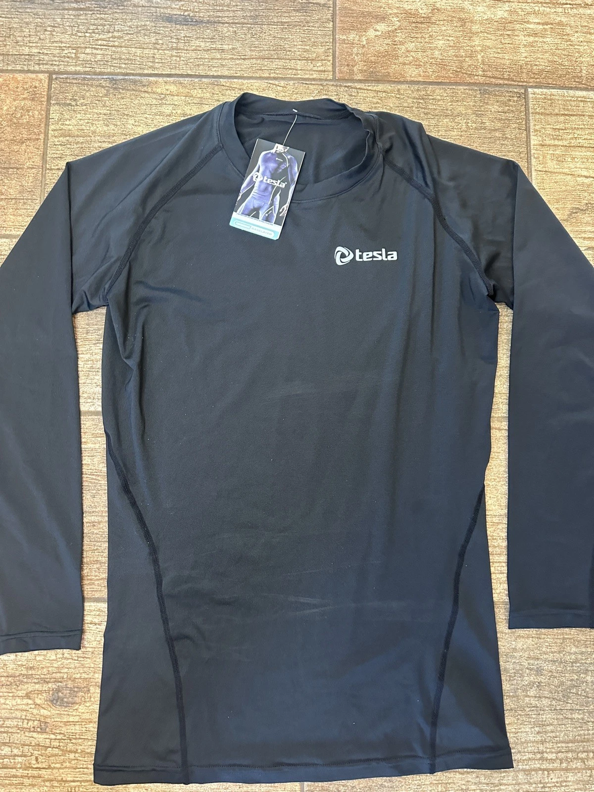 Tesla Shirt Mens Large Black Compression Performance Base Layer Pullover Top