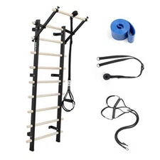 Swedish Ladder, Wood Stall Bar with Suspension Trainer Straps, Pull-Up Dip Bar 