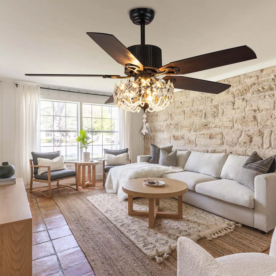 Ventiladores de techo de cristal de 52" con luces remotas, araña negra de techo de granja... Foto 2 de 4