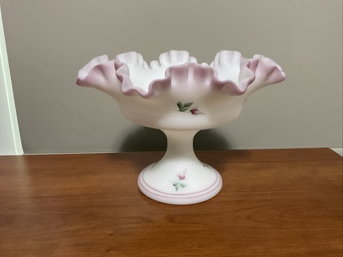 Fenton Rose Garden On Satin Milk Glass Pedestal Dish Artist Signed EUC Floral - Picture 4 of 6