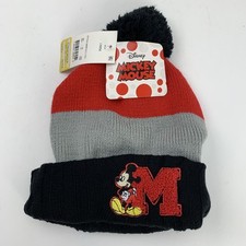 Disney Boys Mickey Mouse Pom Beanie Hat Red Gray Black One Size Fleece Lined