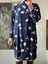 GANNI Jones Crepe Casual Shift Dress Navy Mix Floral Long Sleeve High Neck  S