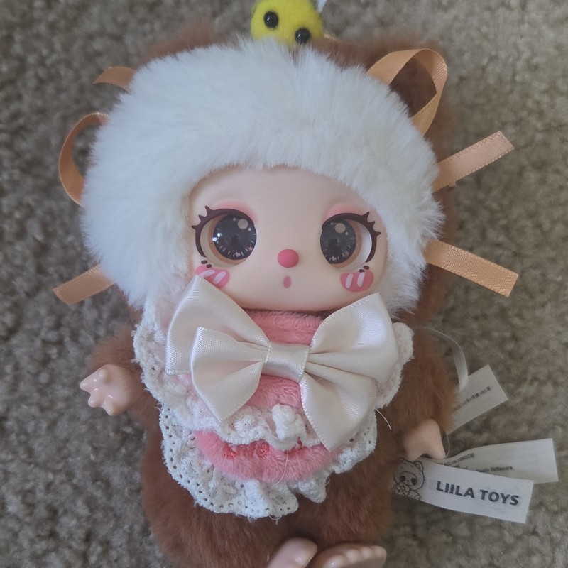 Lila Toys Plush Animal Keychain Doll w/ Metal Key Ring, Brown White Pink