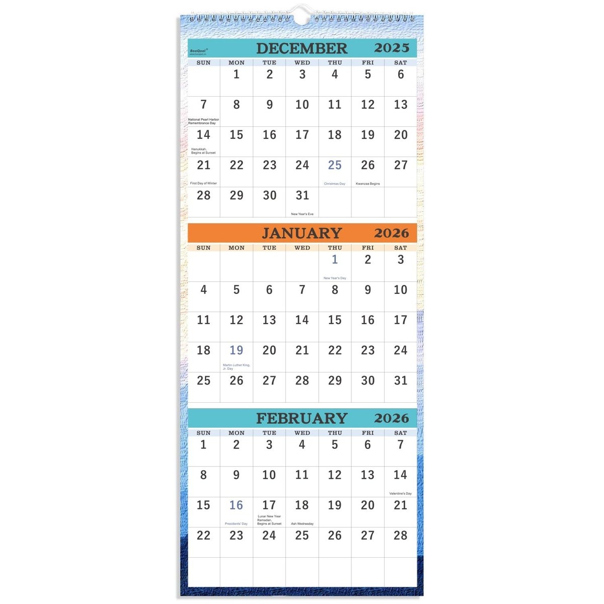 2026 Wall Calendar - January 2026 - December 2026, 3-Month Display