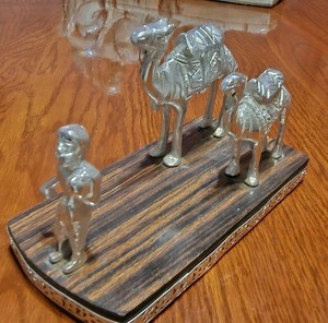 2 Silver Metal Camels Caravan with Handler on a Wooden Base