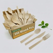 Disposable Bamboo Cutlery Set 350 PCS Bamboo Utensil Set with 120 Compostab...