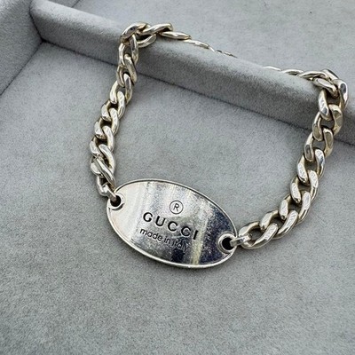GUCCI Trademark Plate Kette Armband Sterling Silber 925 Logo ID Bracelet 17cm