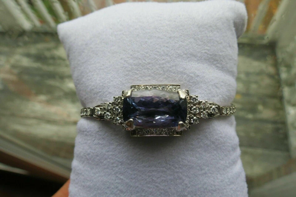 5Ct Emerald Cut Tanzanite Diamond Simulated Bracelet 14K White Gold Finish - Image 3 of 4