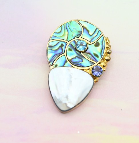 Sajen Sea Creature Mop Tanzanite Gold Plated Sterling Pin Brooch Pendant 16.7g - Picture 3 of 6
