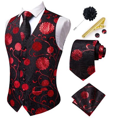 Men's Suit Vest and Tie Set Formal Waistcoat V-Neck Paisley Vest and Tie Pock...
