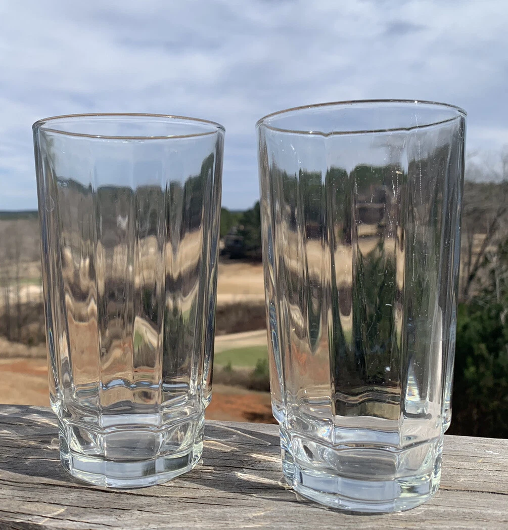 Set Of 2 Vintage 18 Oz Clear Drinking Glasses Thick Heavy Glass 9 Sided  Grooved