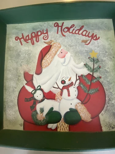 Hand Painted Signed Christmas Santa Happy Holidays Wooden Serving Tray