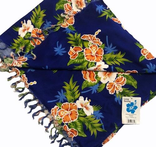 Womens Blue Long Fringed Sarong 65” x 45” NWT Hibiscus Collection Hawaii