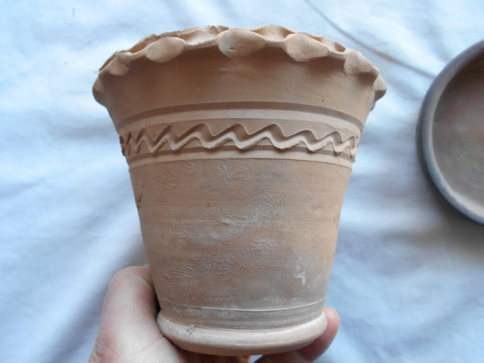CASSVILLE,PA ATTRIBUTED ANTIQUE REDWARE FLOWERPOT w/DISH(DOUBLE PIE CRUST TOP)