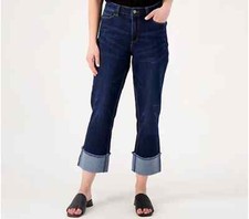 Susan Graver Stretch Denim Girlfriend Jean w/Cuff-Deep Indigo-Petite 6 A517768