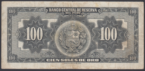 Peru 100 Soles Oro 22-03-1956 VF P. 79a, Banknote, Circulated - Picture 2 of 2