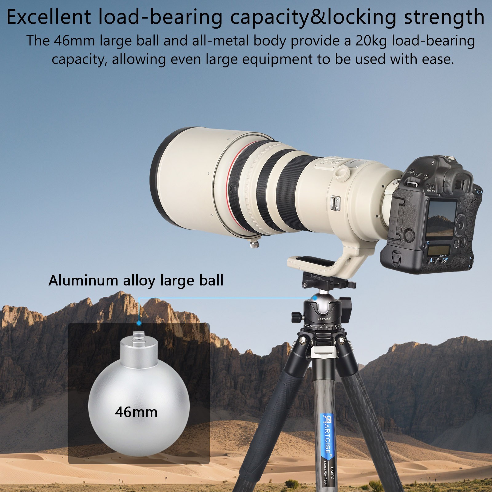 46mm Low Profile Tripod Head Ball Head with Lever Release Clamp 44lbs/20kg