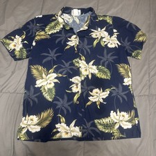 Men’s KY’S 100% Cotton Navy Floral Button Up Hawaiian Made In USA Shirt Size M
