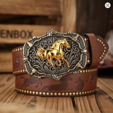 Western Horse Belt Gold Buckle Brown PU Unisex 120cm Cowboy Style