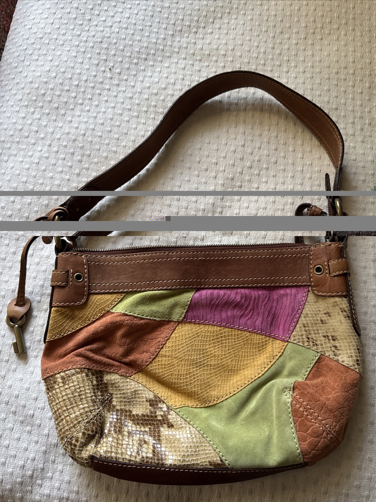 Fossil Patchwork Leather Suede Multicolor Shoulde… - image 1